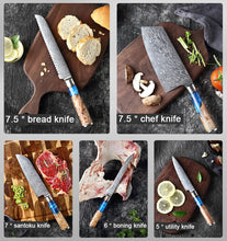 Load image into Gallery viewer, XITUO Kitchen Knives Set Damascus Steel VG10 Chef Knife Cleaver Paring Bread Knife Blue Resin Stabilised Wood Handle 1-7PCS set
