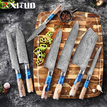 Load image into Gallery viewer, XITUO Kitchen Knives Set Damascus Steel VG10 Chef Knife Cleaver Paring Bread Knife Blue Resin Stabilised Wood Handle 1-7PCS set
