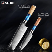 Load image into Gallery viewer, XITUO Kitchen Knives Set Damascus Steel VG10 Chef Knife Cleaver Paring Bread Knife Blue Resin Stabilised Wood Handle 1-7PCS set
