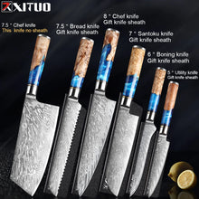 Load image into Gallery viewer, XITUO Kitchen Knives Set Damascus Steel VG10 Chef Knife Cleaver Paring Bread Knife Blue Resin Stabilised Wood Handle 1-7PCS set
