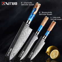 Load image into Gallery viewer, XITUO Kitchen Knives Set Damascus Steel VG10 Chef Knife Cleaver Paring Bread Knife Blue Resin Stabilised Wood Handle 1-7PCS set
