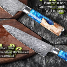 Load image into Gallery viewer, XITUO Kitchen Knives Set Damascus Steel VG10 Chef Knife Cleaver Paring Bread Knife Blue Resin Stabilised Wood Handle 1-7PCS set
