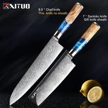 Load image into Gallery viewer, XITUO Kitchen Knives Set Damascus Steel VG10 Chef Knife Cleaver Paring Bread Knife Blue Resin Stabilised Wood Handle 1-7PCS set
