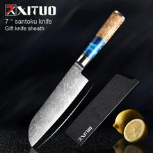 Load image into Gallery viewer, XITUO Kitchen Knives Set Damascus Steel VG10 Chef Knife Cleaver Paring Bread Knife Blue Resin Stabilised Wood Handle 1-7PCS set
