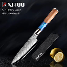 Load image into Gallery viewer, XITUO Kitchen Knives Set Damascus Steel VG10 Chef Knife Cleaver Paring Bread Knife Blue Resin Stabilised Wood Handle 1-7PCS set
