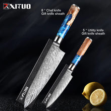 Load image into Gallery viewer, XITUO Kitchen Knives Set Damascus Steel VG10 Chef Knife Cleaver Paring Bread Knife Blue Resin Stabilised Wood Handle 1-7PCS set
