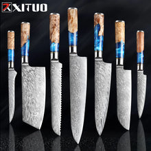 Load image into Gallery viewer, XITUO Kitchen Knives Set Damascus Steel VG10 Chef Knife Cleaver Paring Bread Knife Blue Resin Stabilised Wood Handle 1-7PCS set
