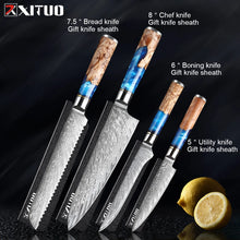 Load image into Gallery viewer, XITUO Kitchen Knives Set Damascus Steel VG10 Chef Knife Cleaver Paring Bread Knife Blue Resin Stabilised Wood Handle 1-7PCS set
