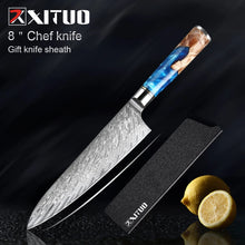 Load image into Gallery viewer, XITUO Kitchen Knives Set Damascus Steel VG10 Chef Knife Cleaver Paring Bread Knife Blue Resin Stabilised Wood Handle 1-7PCS set
