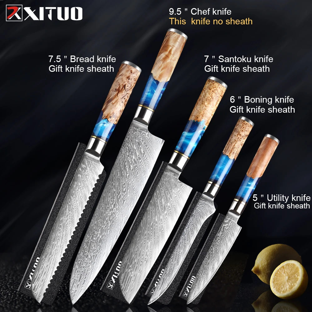 XITUO Kitchen Knives Set Damascus Steel VG10 Chef Knife Cleaver Paring Bread Knife Blue Resin Stabilised Wood Handle 1-7PCS set