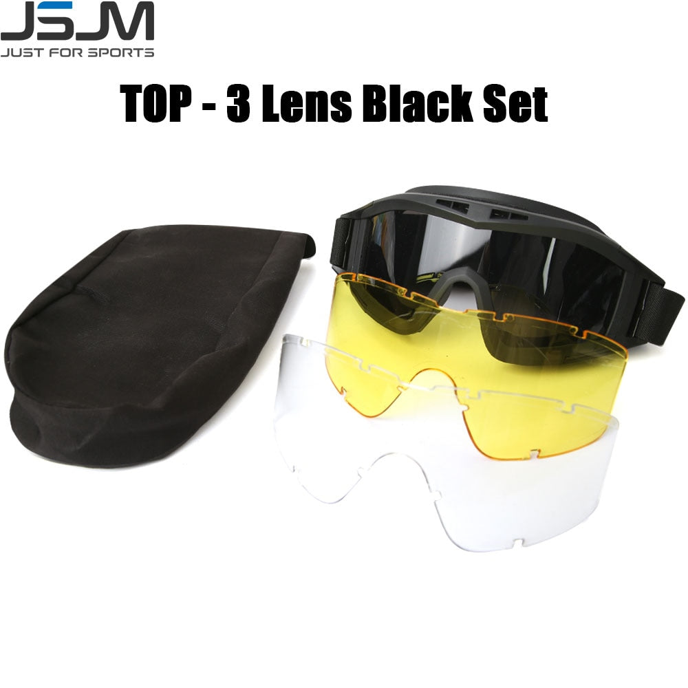 JSJM Airsoft Tactical Goggles 3 Lens Windproof Dustproof Shooting Motocross Motorcycle Mountaineering Glasses CS Safe Protection